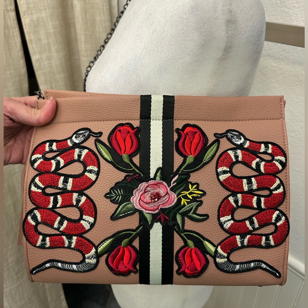 Tan Leather King Snake & Red Roses Embroidered Chain Strap Crossbody Bag Clutch